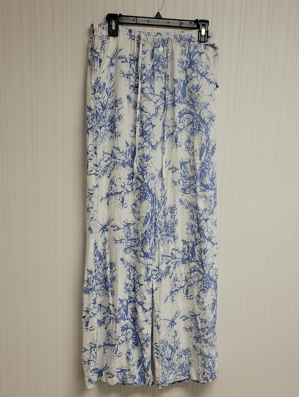 Statement White & Blue Toile Printed Linen Blend Wide Leg Pants. Medium New